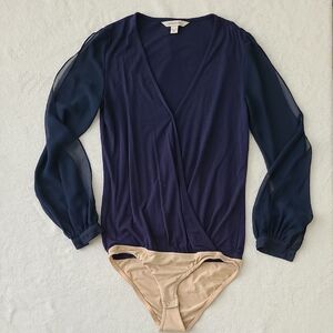 Boston Proper Navy Blue Wrap Bodysuit Long Sleeve Open Puff Sleeves XS Chiffon